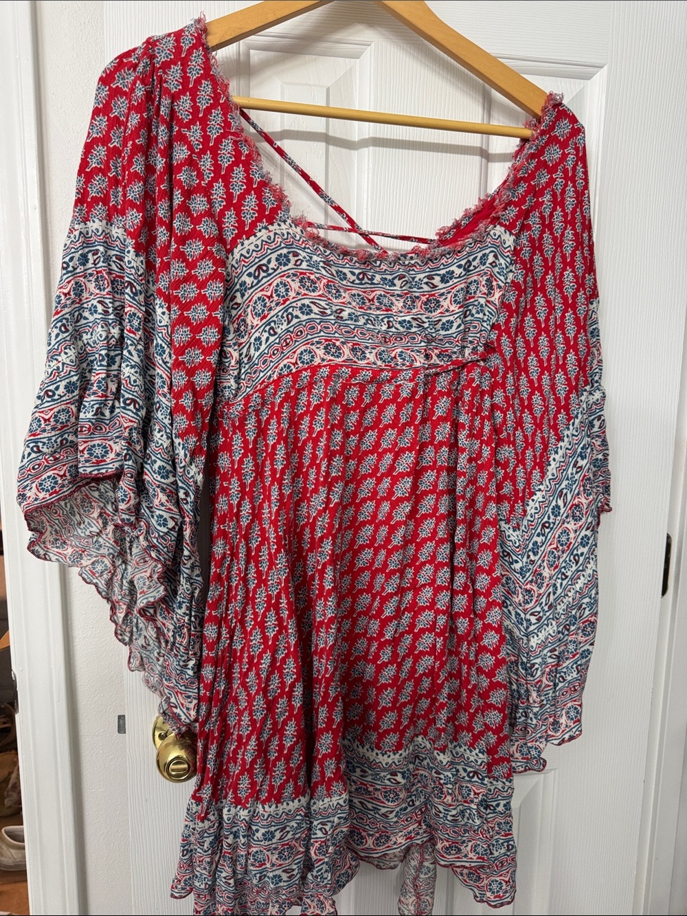 Free People Red Printed Boho Witchy Dress Bell Sleeve with Blue and White Border